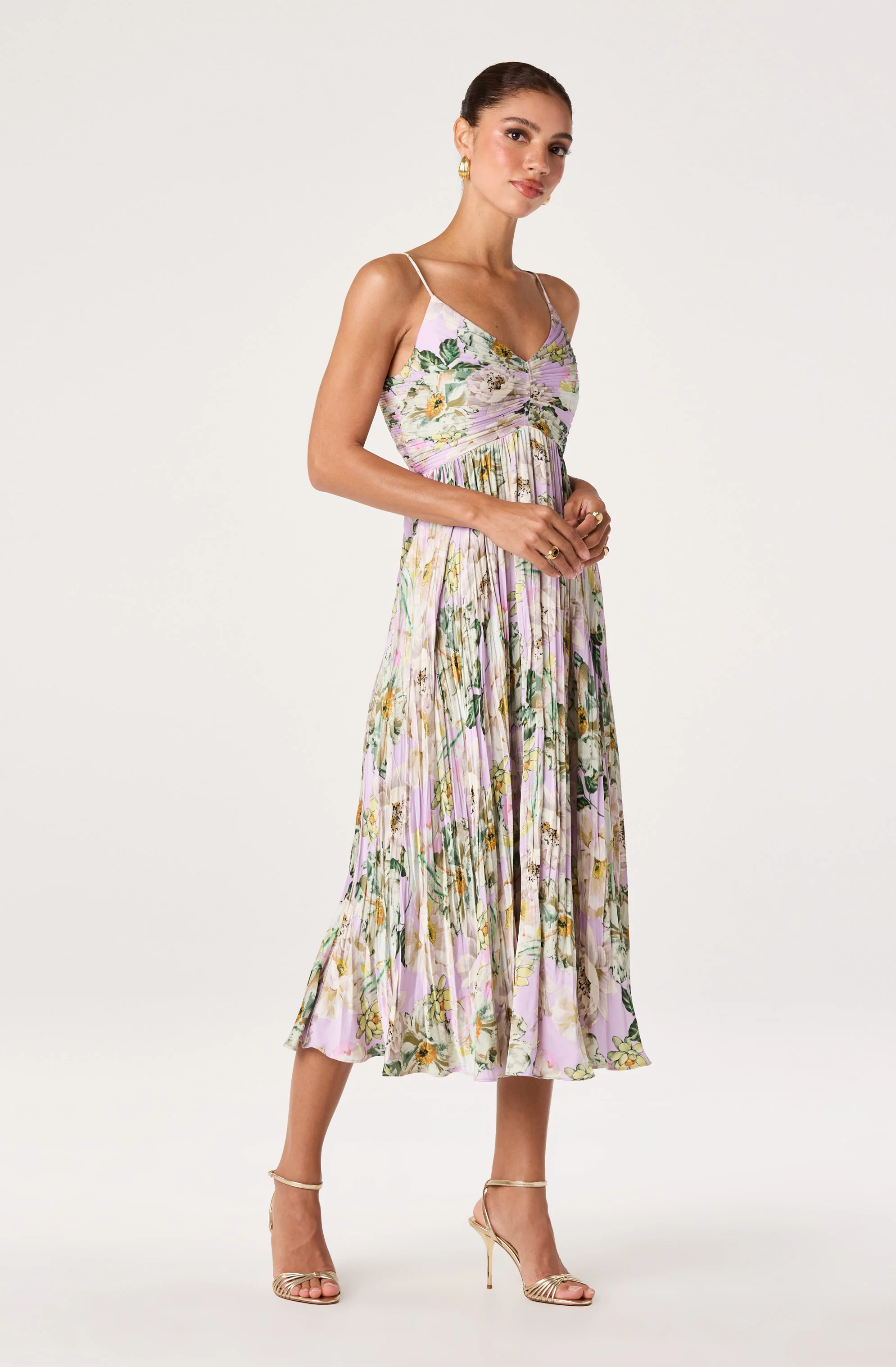 Maeve Floral Pleated Satin Midi Dress - Image 23