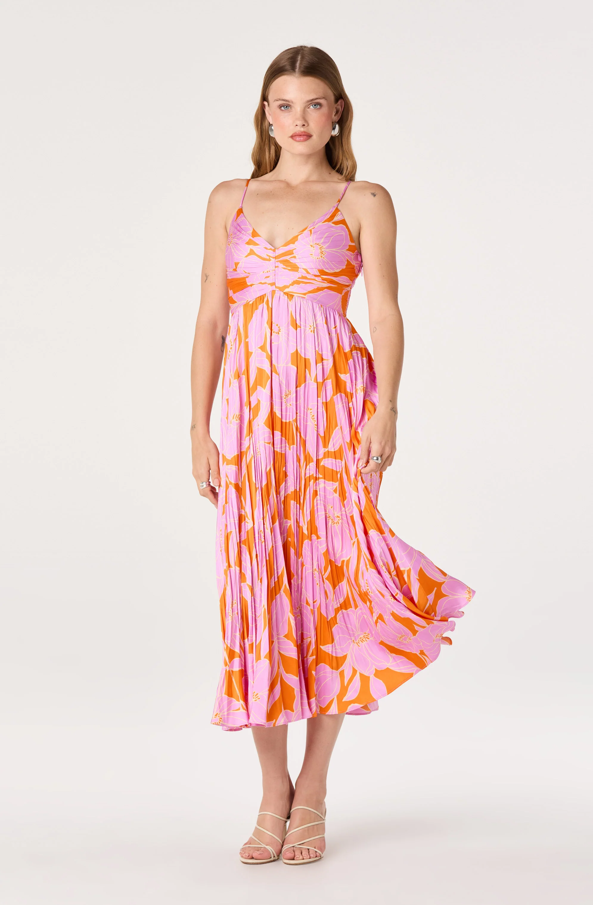 Maeve Floral Pleated Satin Midi Dress - Image 25