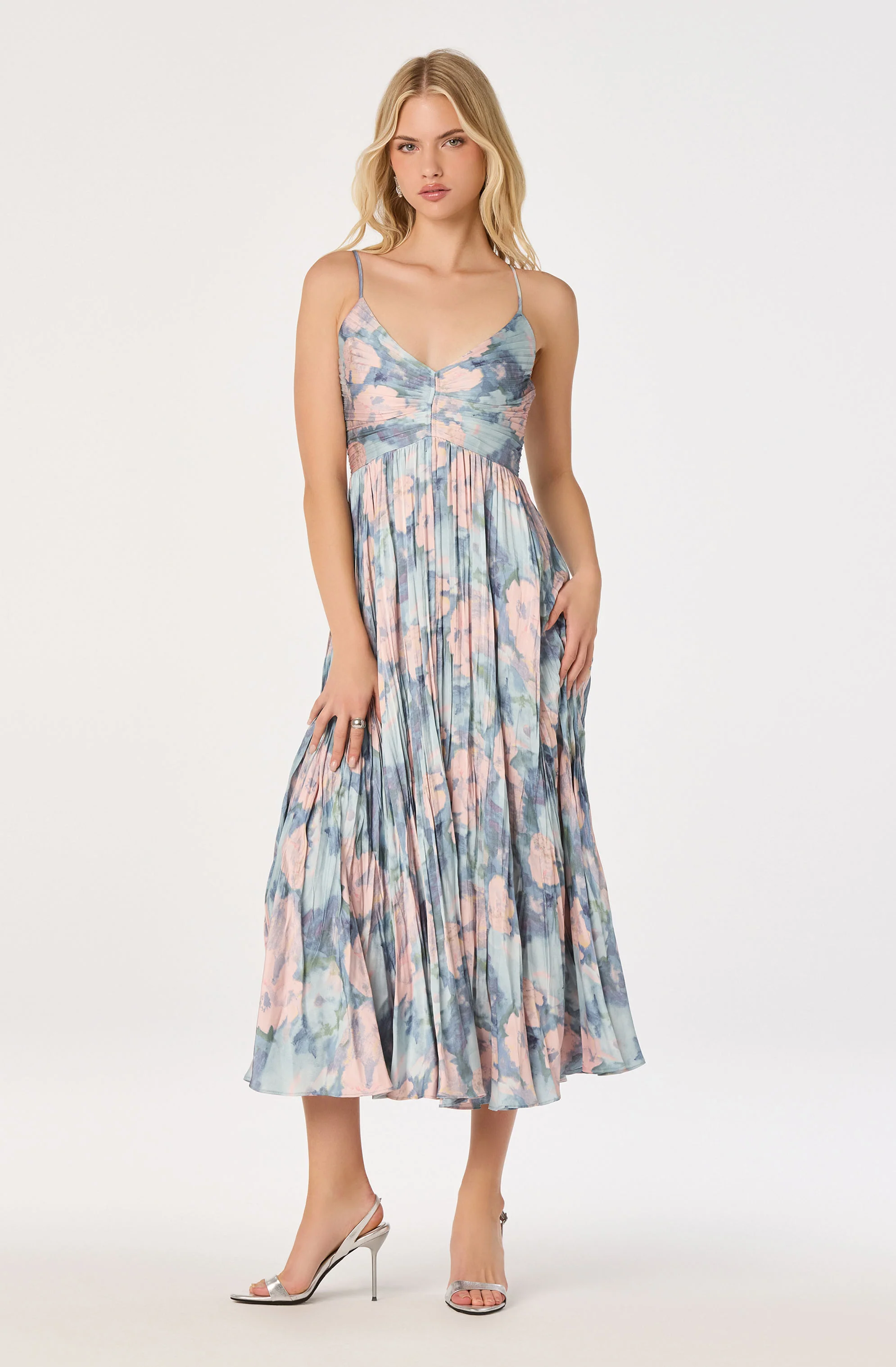 Maeve Floral Pleated Satin Midi Dress - Image 35