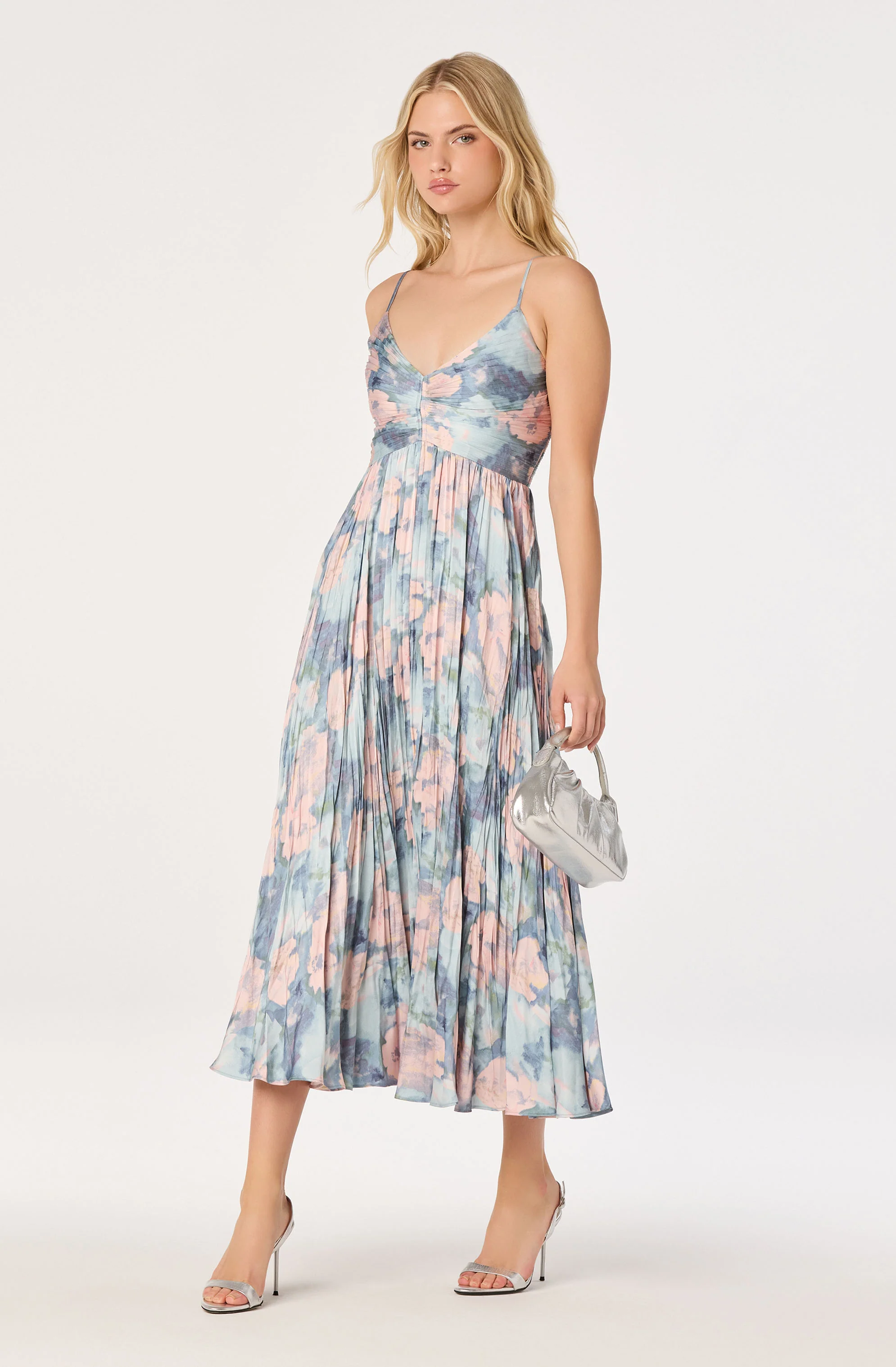 Maeve Floral Pleated Satin Midi Dress - Image 36
