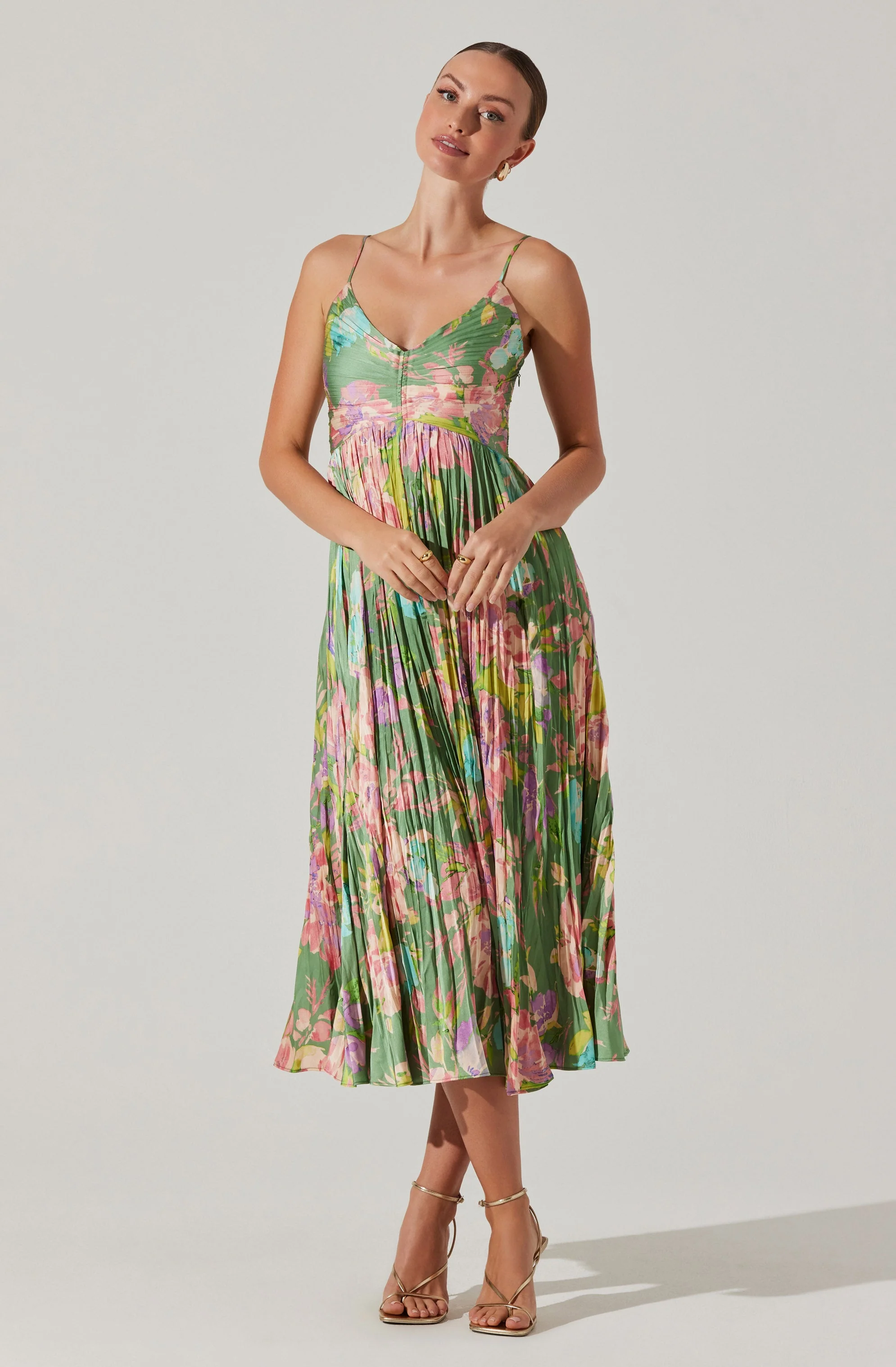 Maeve Floral Pleated Satin Midi Dress - Image 37