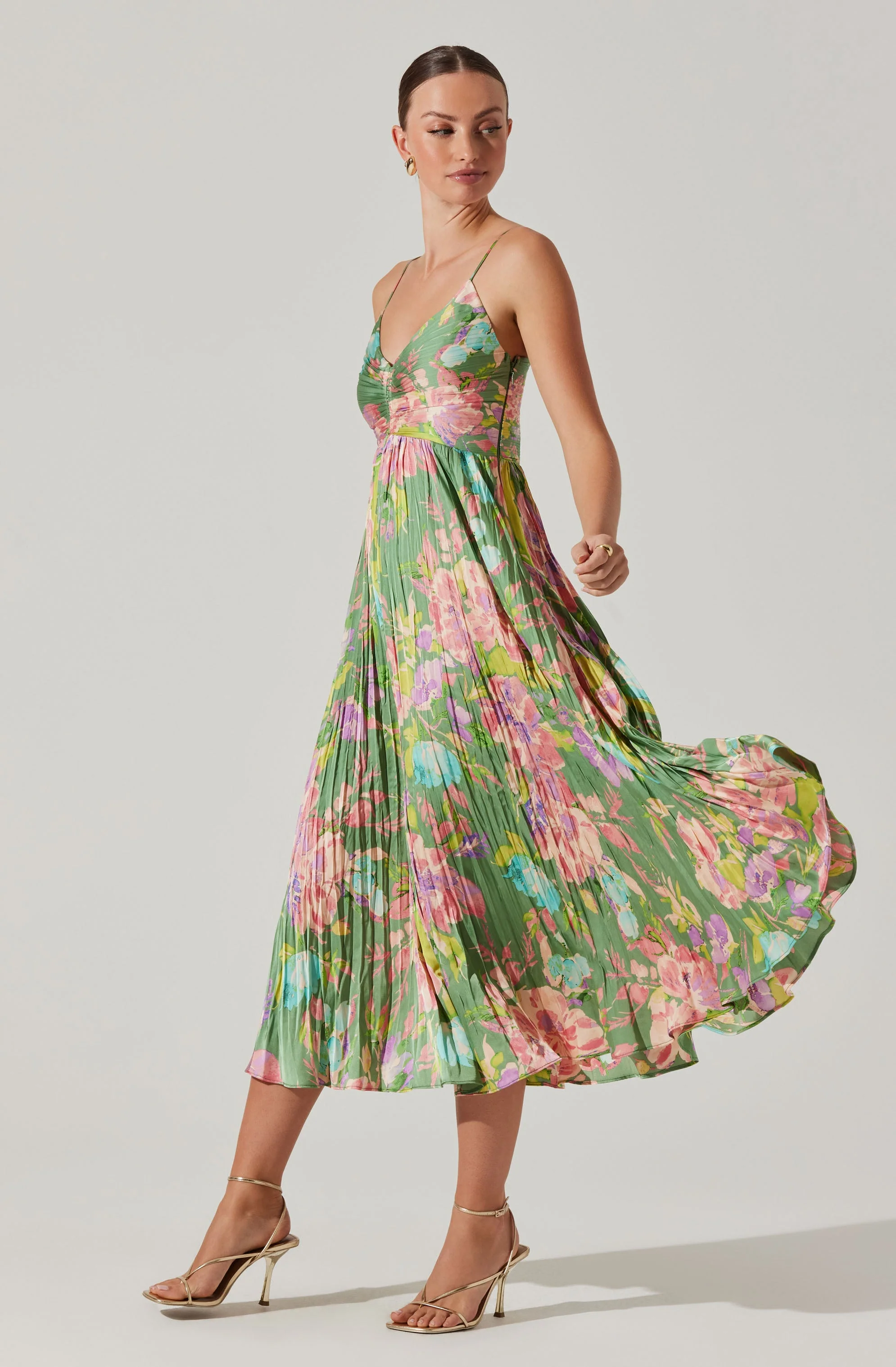 Maeve Floral Pleated Satin Midi Dress - Image 39