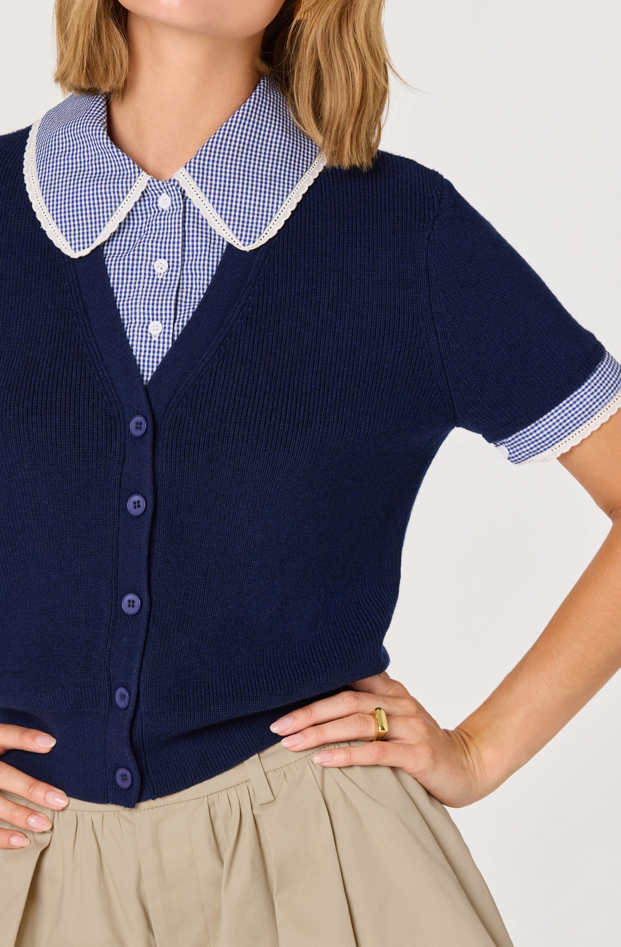 Marlee Mixed Media Cardigan with Gingham Collar - Image 5