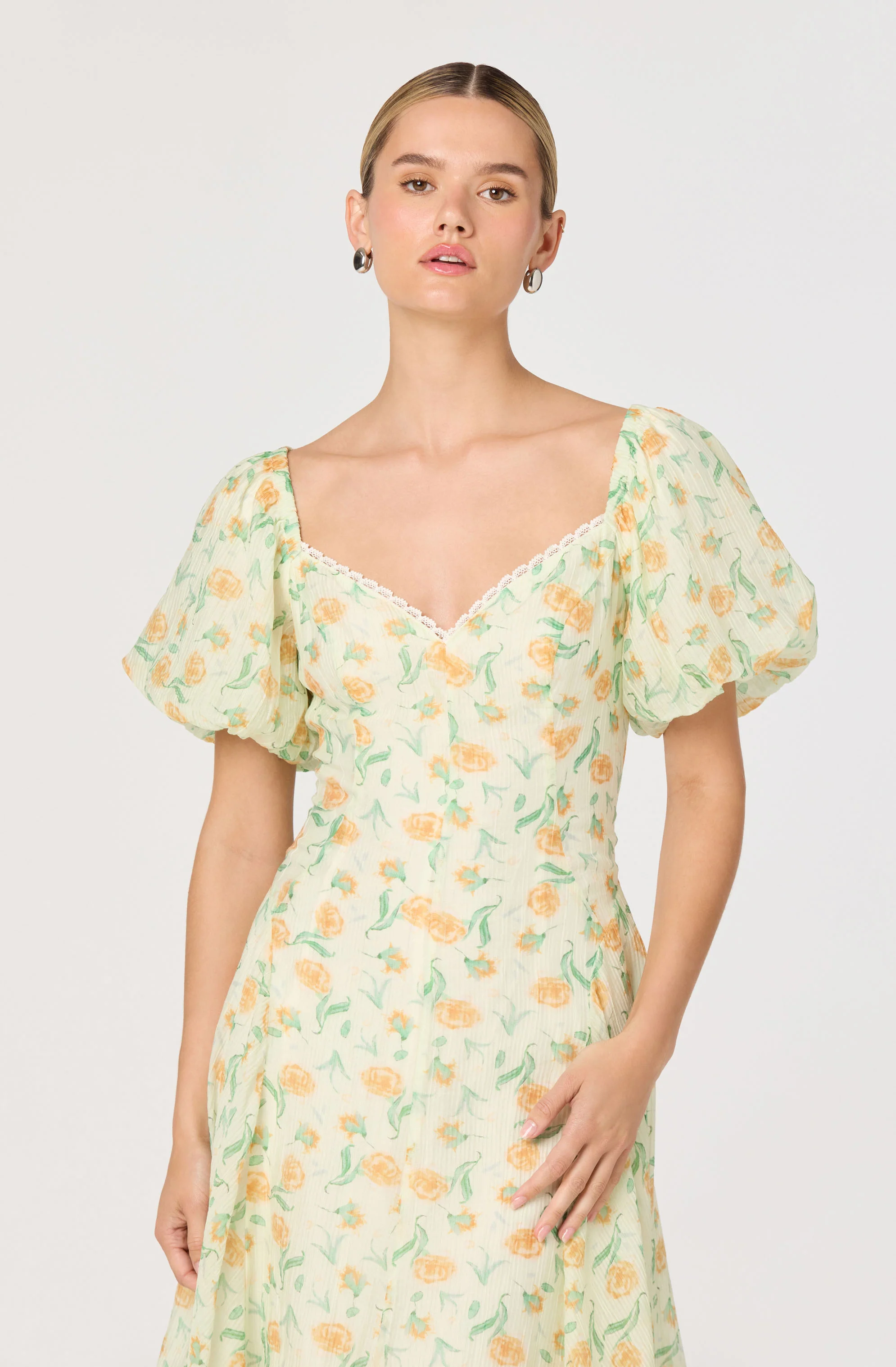 Mayra Floral Plissé Puff Sleeve Midi Dress - Image 5
