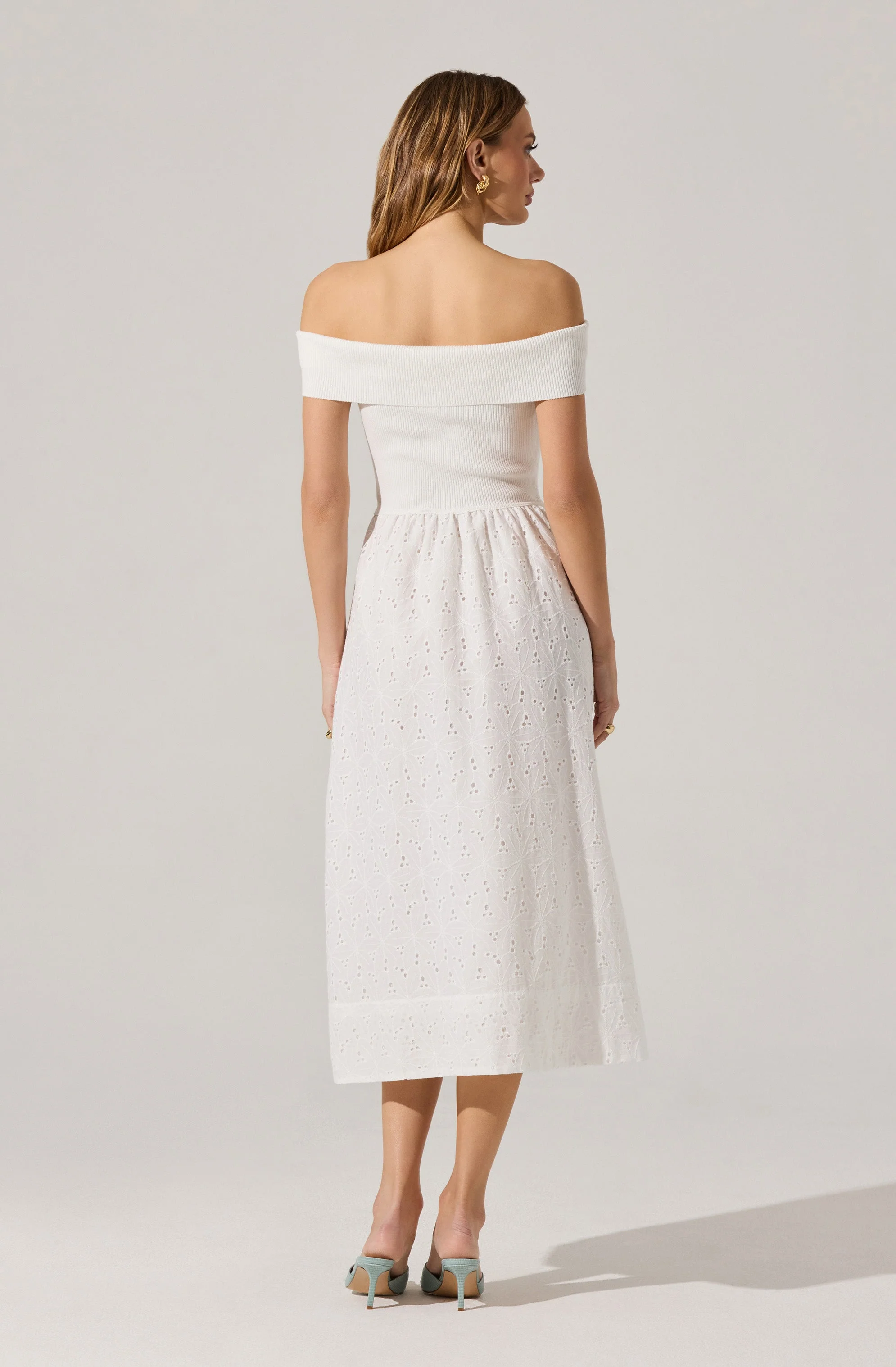 Off Shoulder Eyelet Midi Dress - Image 10