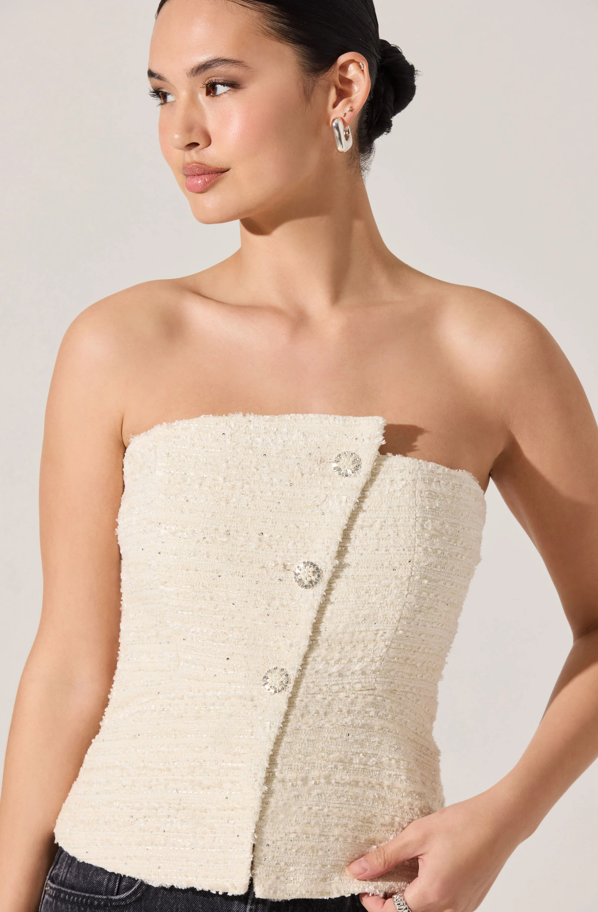 Moina Asymmetrical Strapless Tweed Top - Image 5