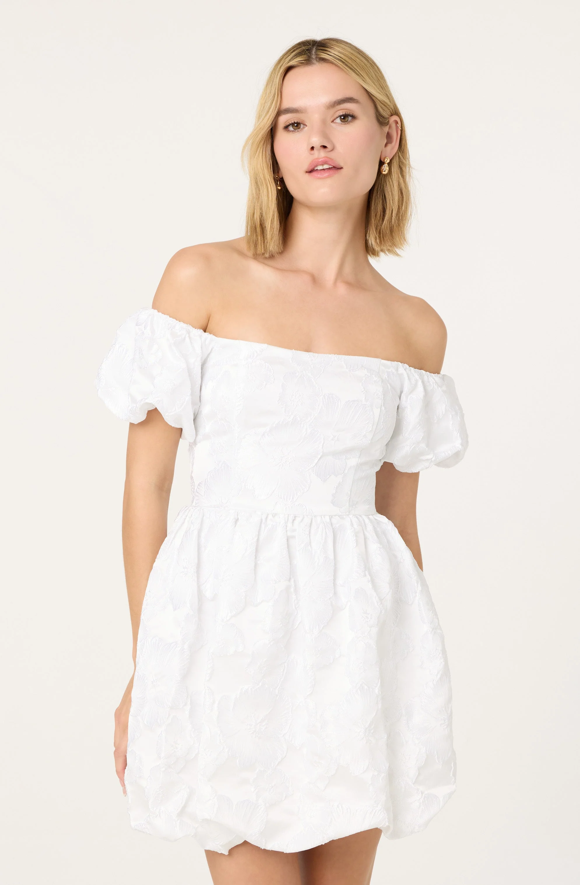 Off Shoulder Floral Jacquard Bubble Dress - Image 2