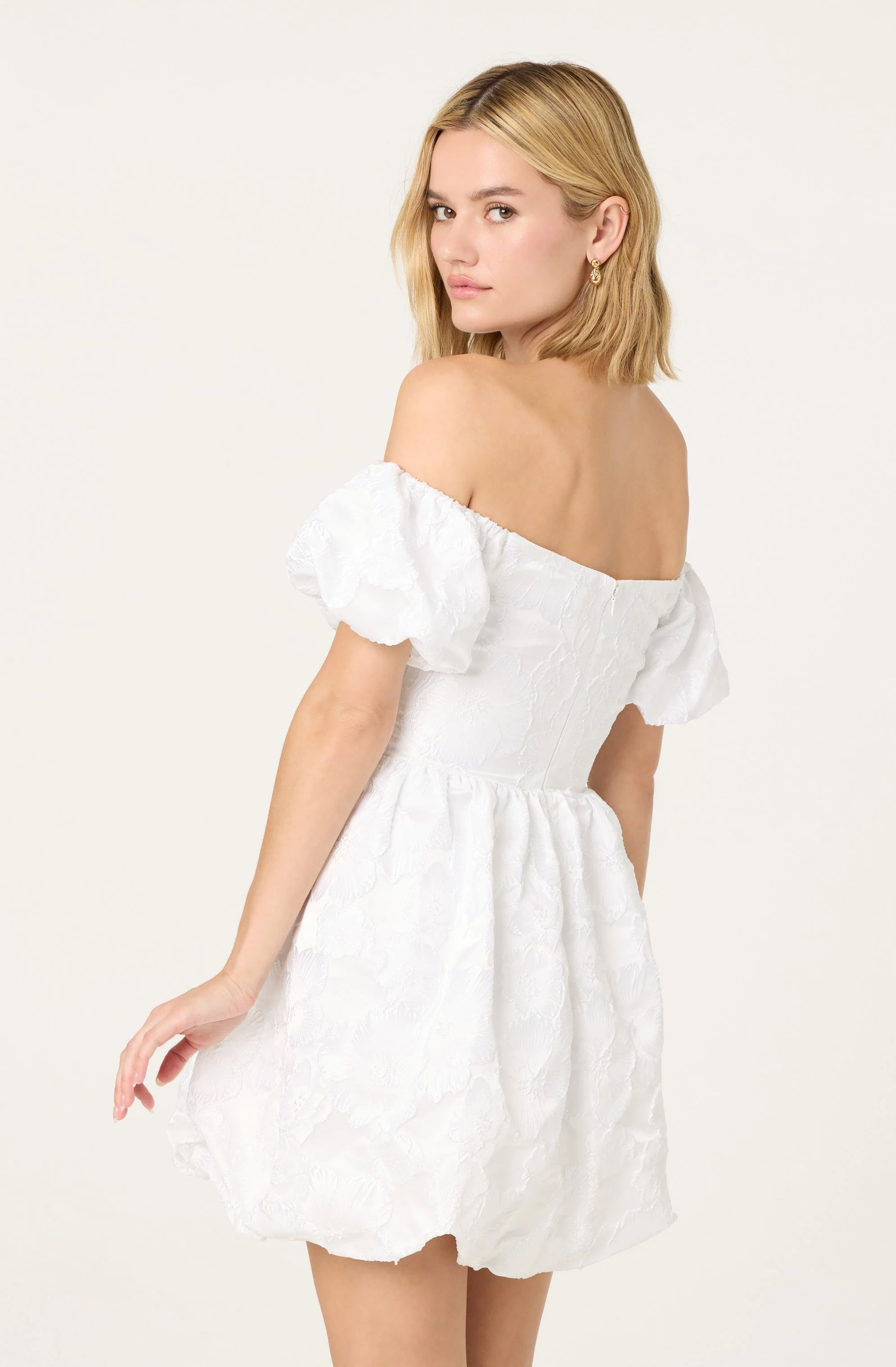 Off Shoulder Floral Jacquard Bubble Dress - Image 4