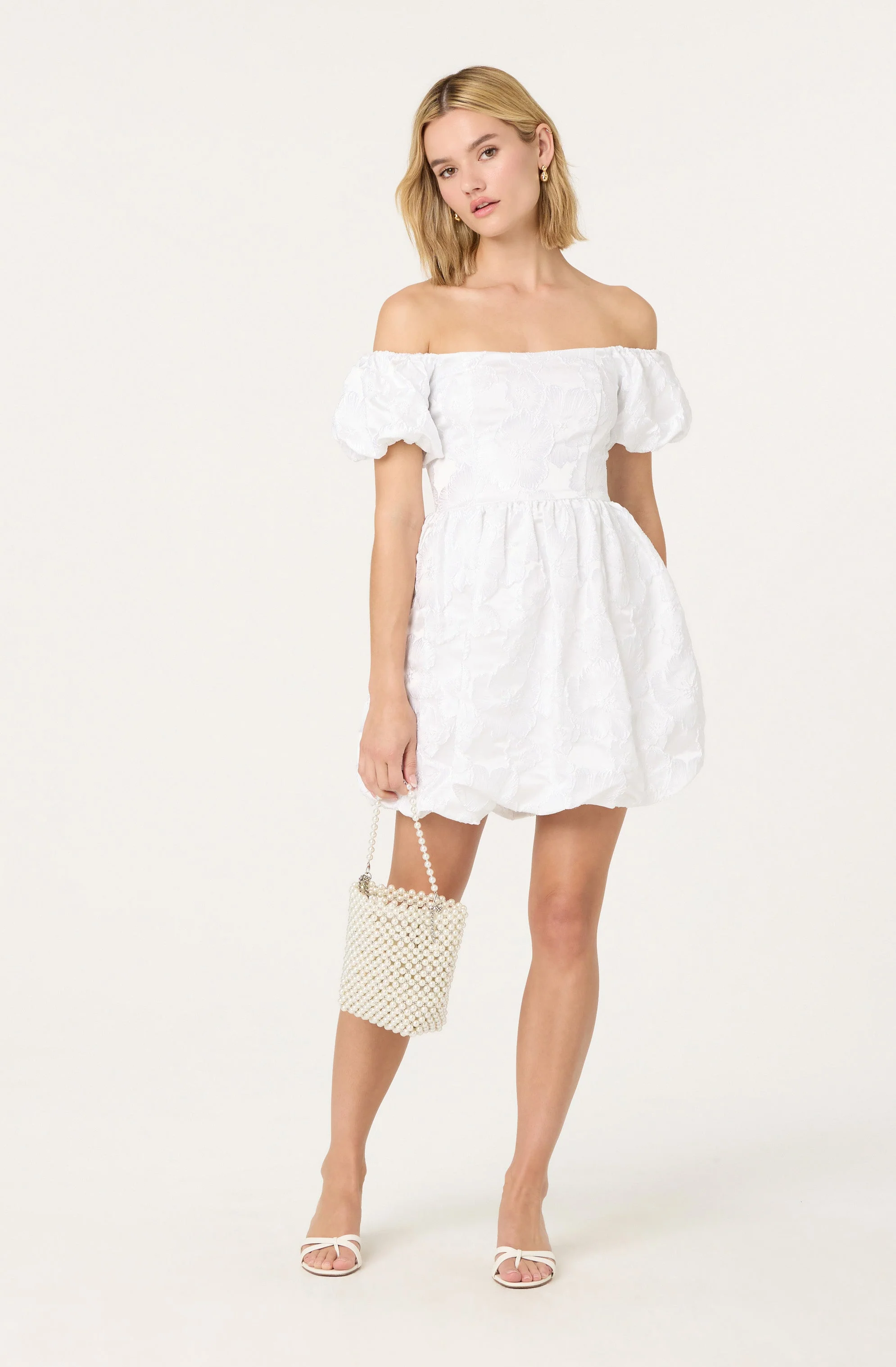 Off Shoulder Floral Jacquard Bubble Dress - Image 5