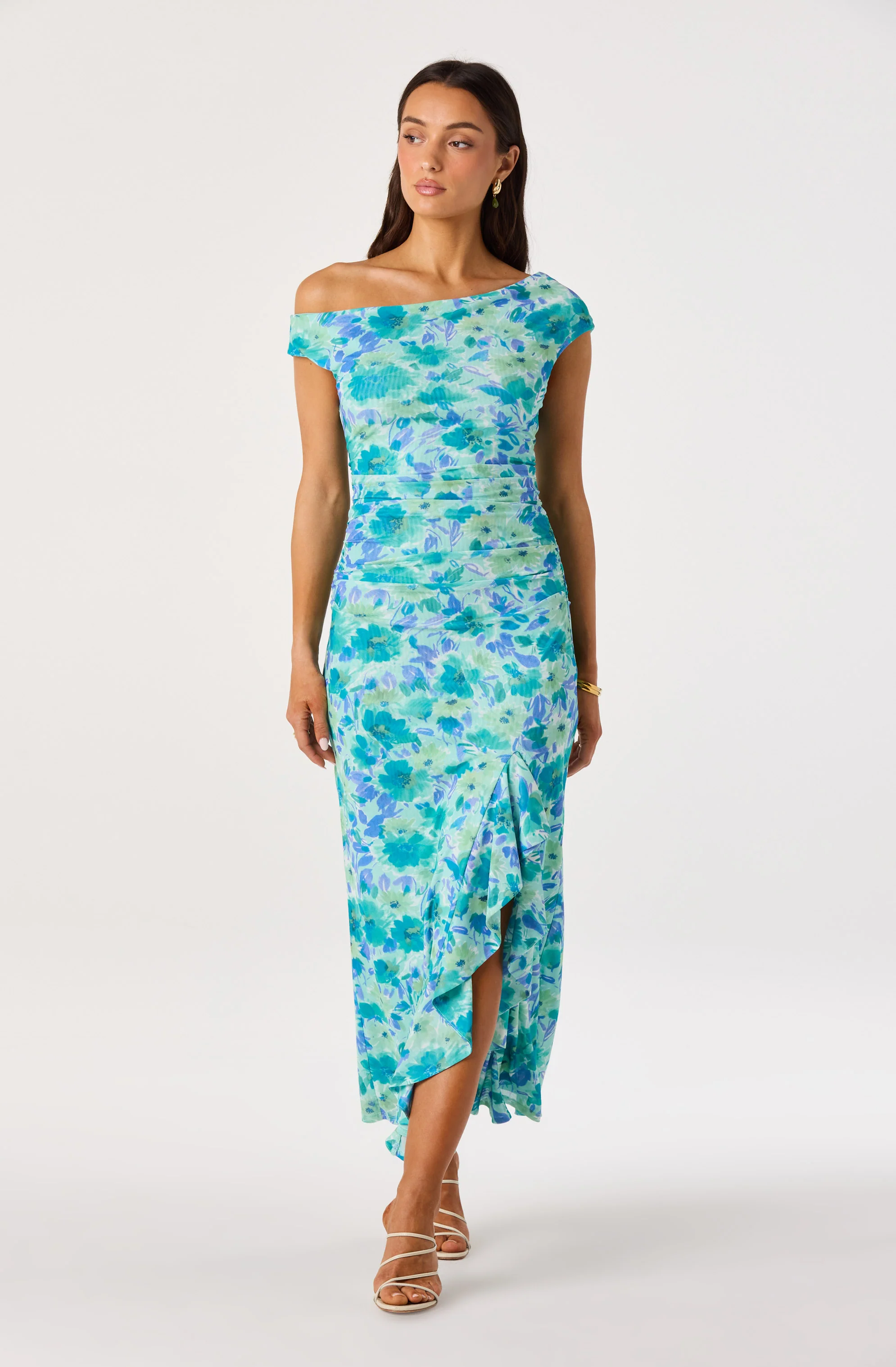 Off Shoulder Ruched Floral Maxi Dress - Image 4