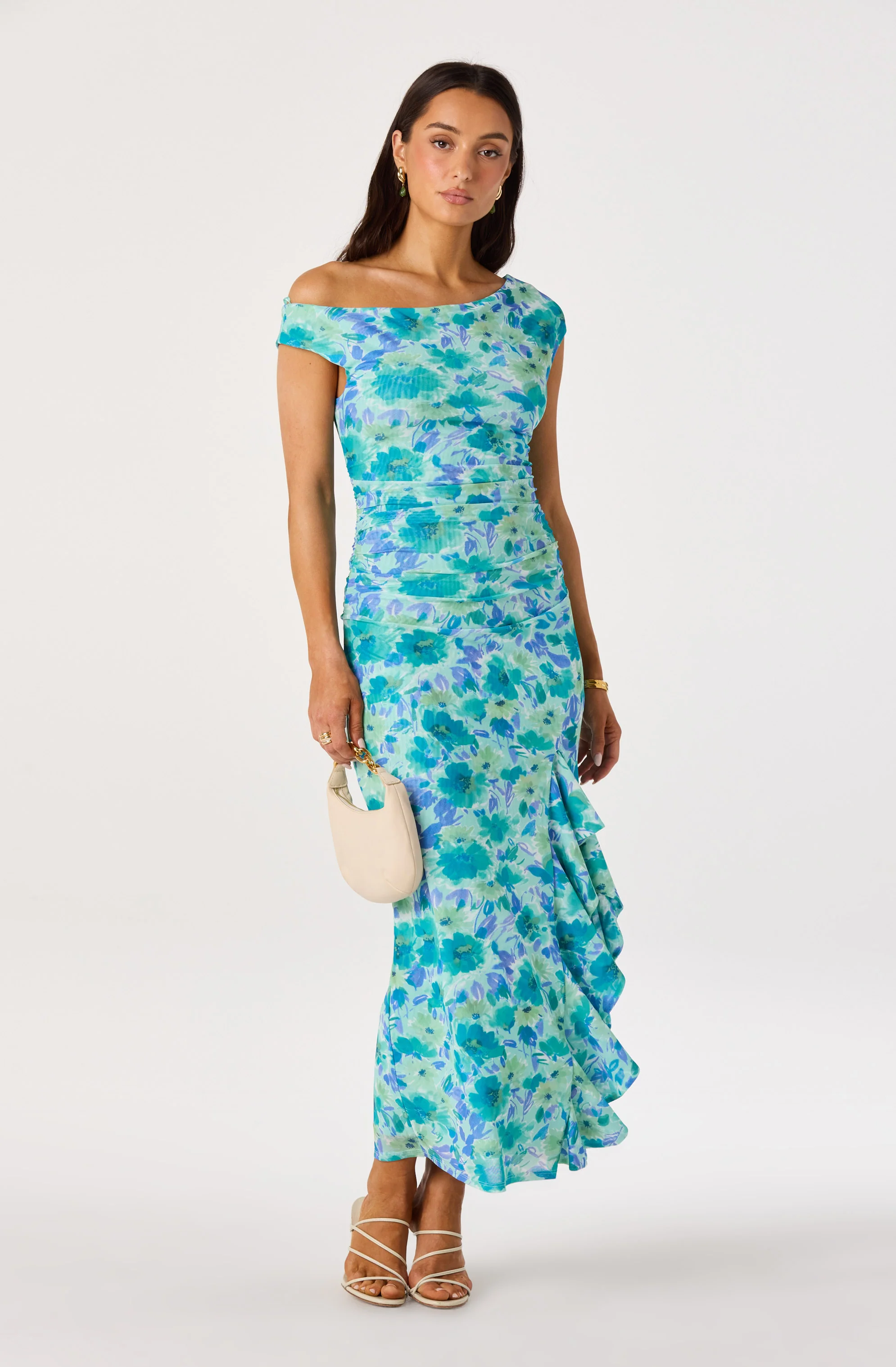Off Shoulder Ruched Floral Maxi Dress - Image 5