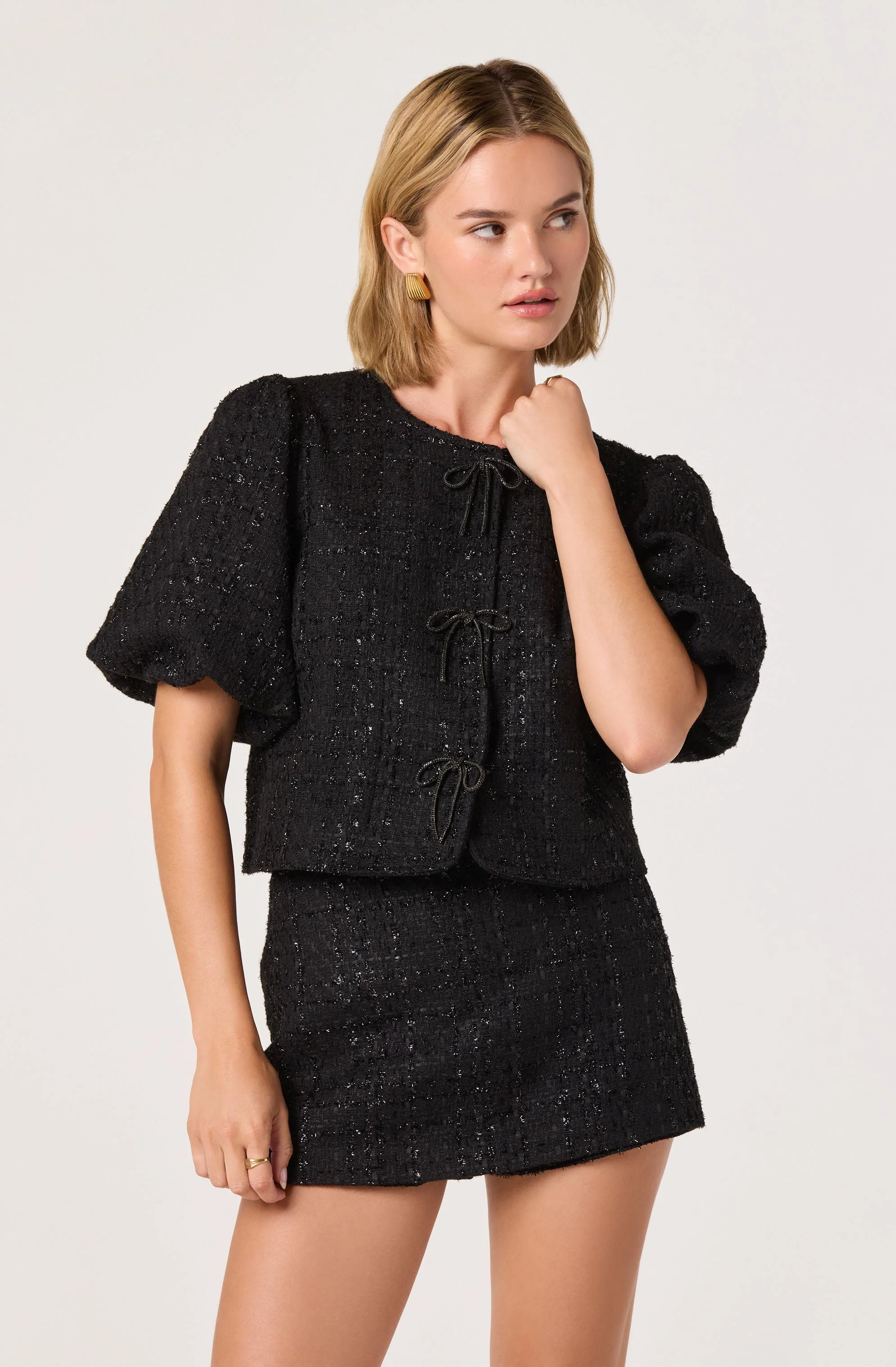 Tweed Puff Sleeve Bow Jacket - Image 3