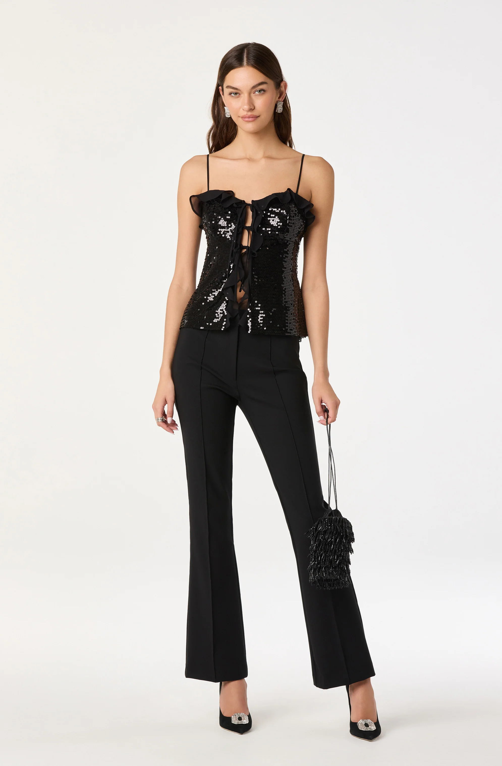 Sequin Ruffle Trim Tie Top - Image 2
