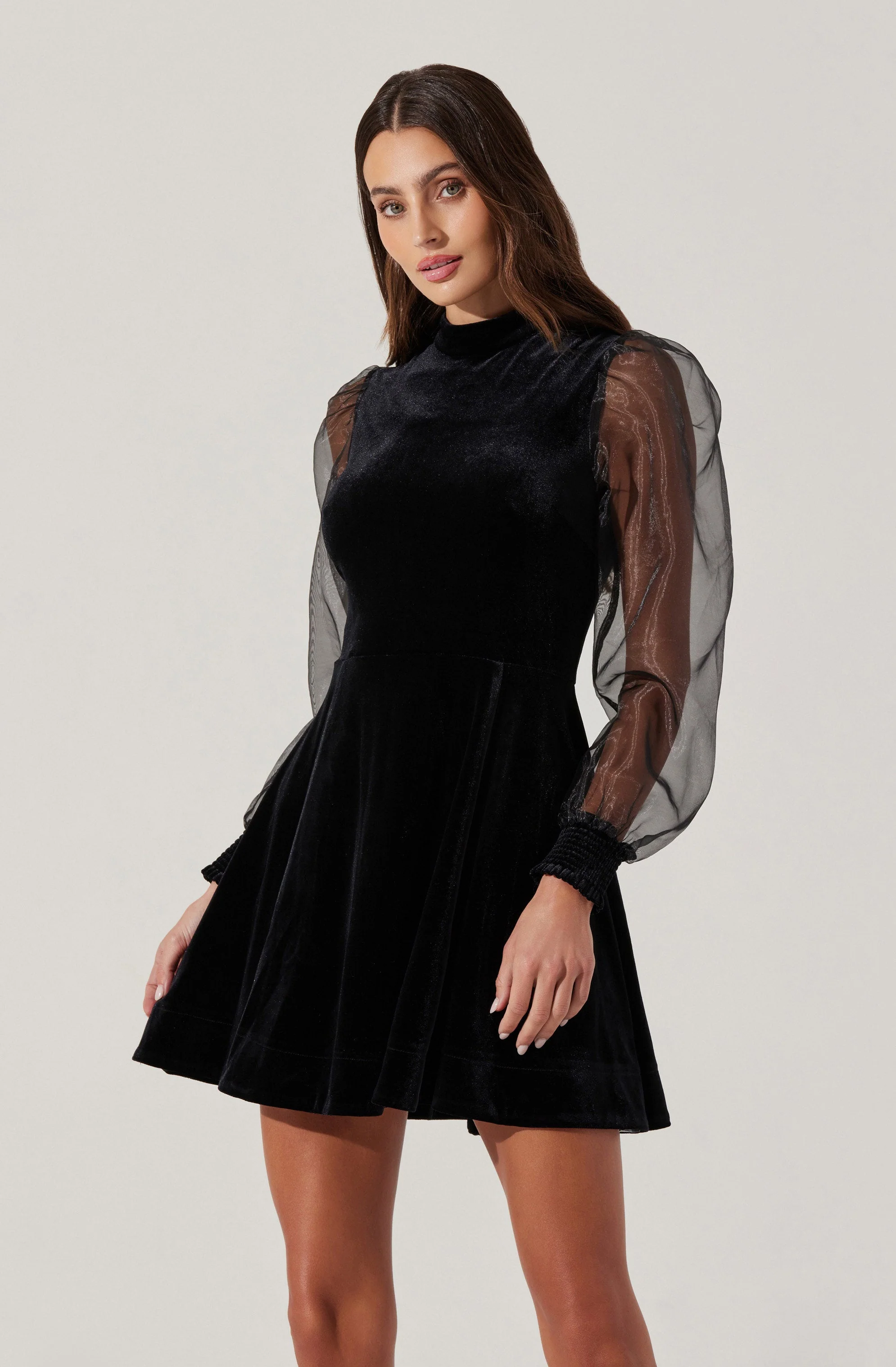 Velvet Sheer Puff Sleeve Dress - Image 2