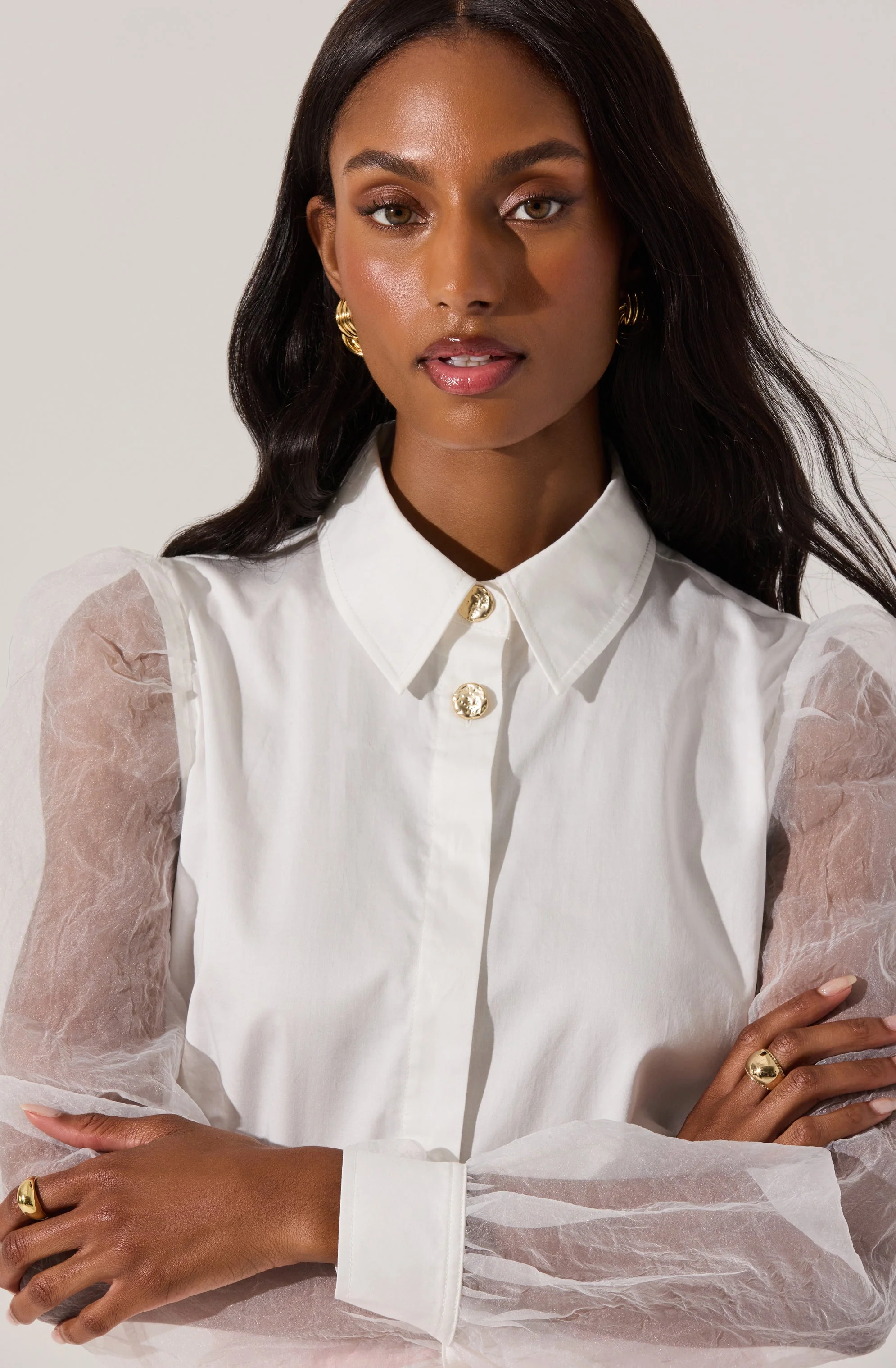Sheer Sleeve Button Up Shirt - Image 6