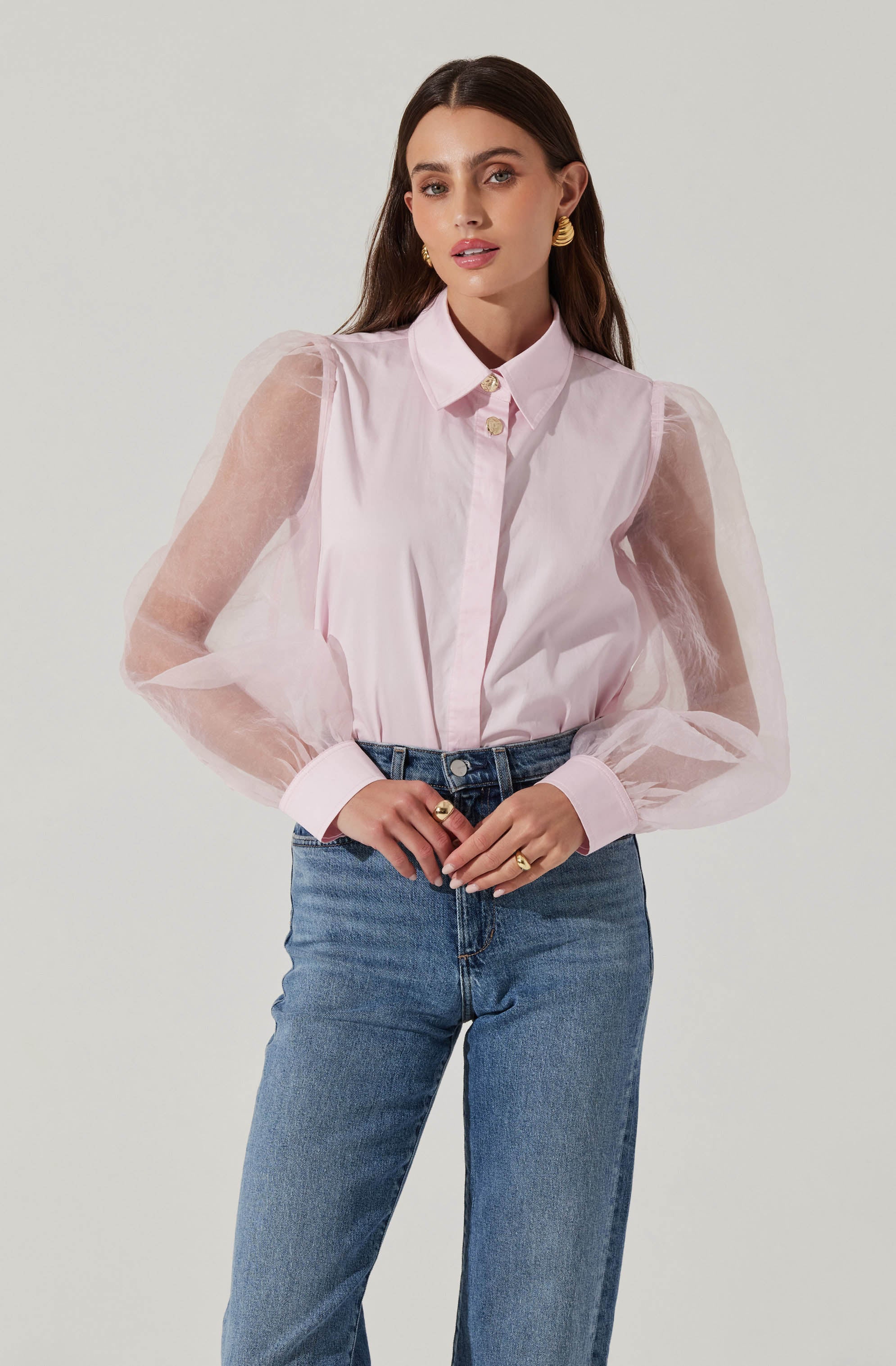 Sheer Sleeve Button Up Shirt - Image 7