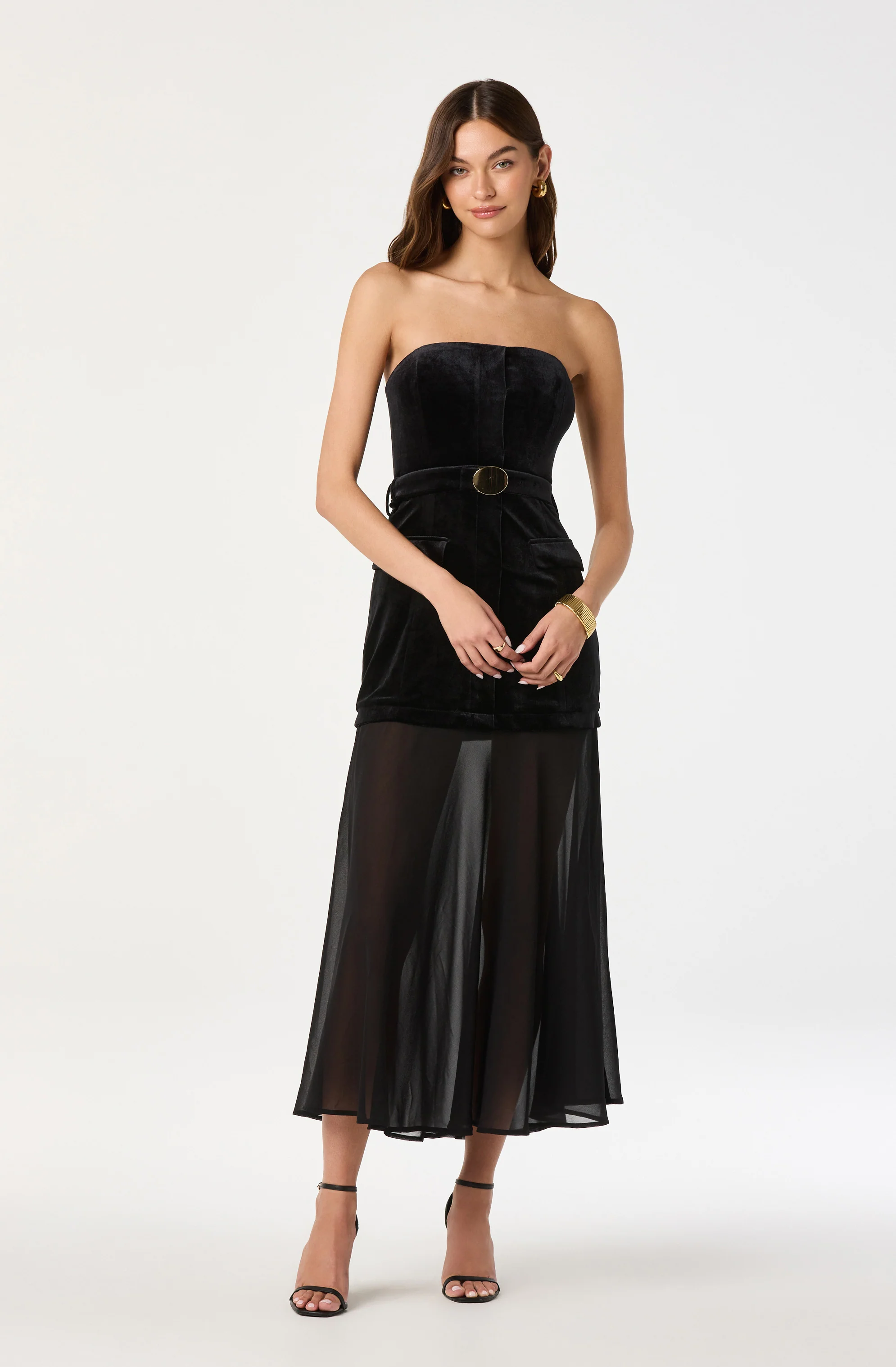 Strapless Contrast Belted Midi Dress - Image 2