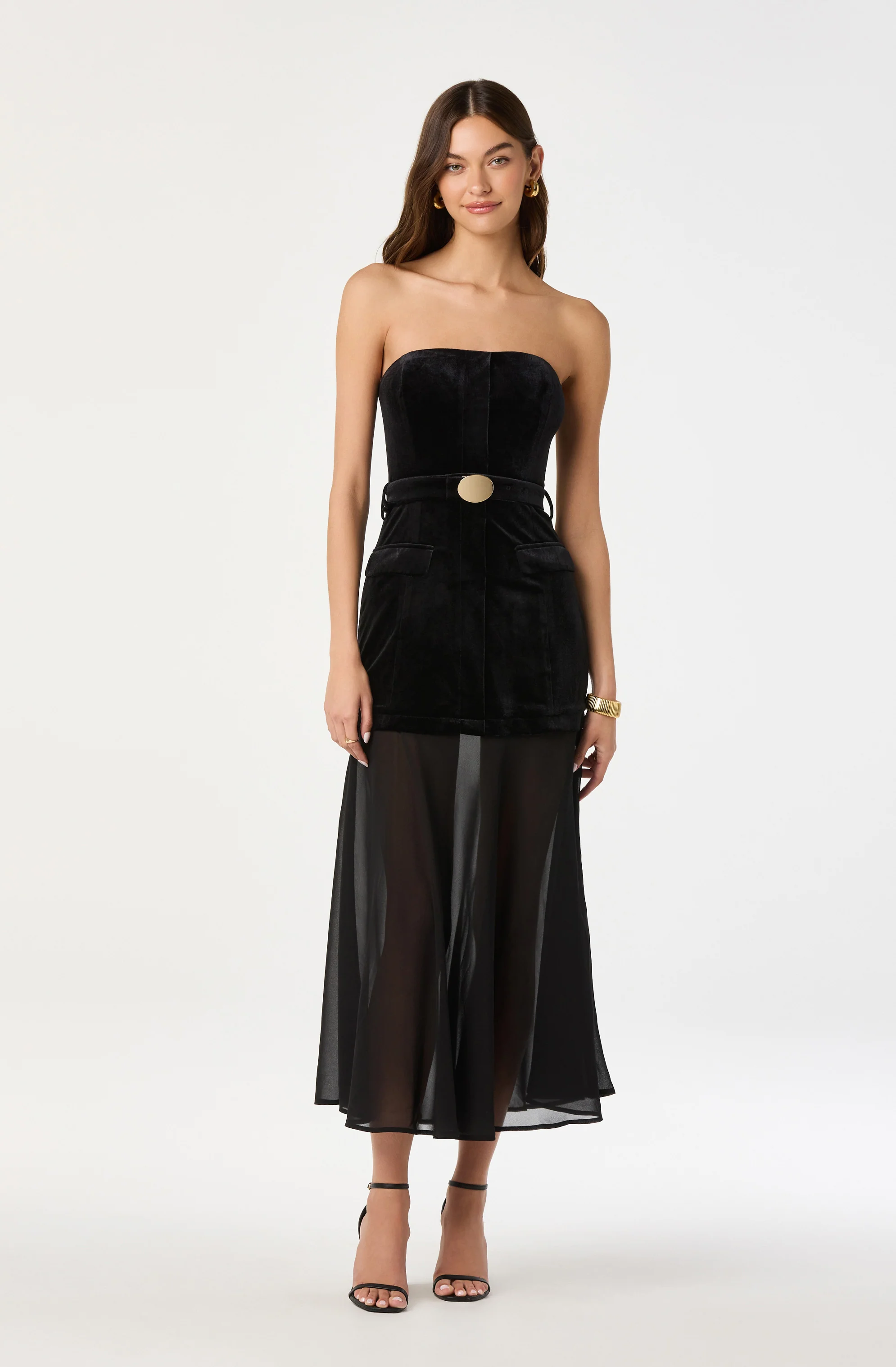 Strapless Contrast Belted Midi Dress - Image 4