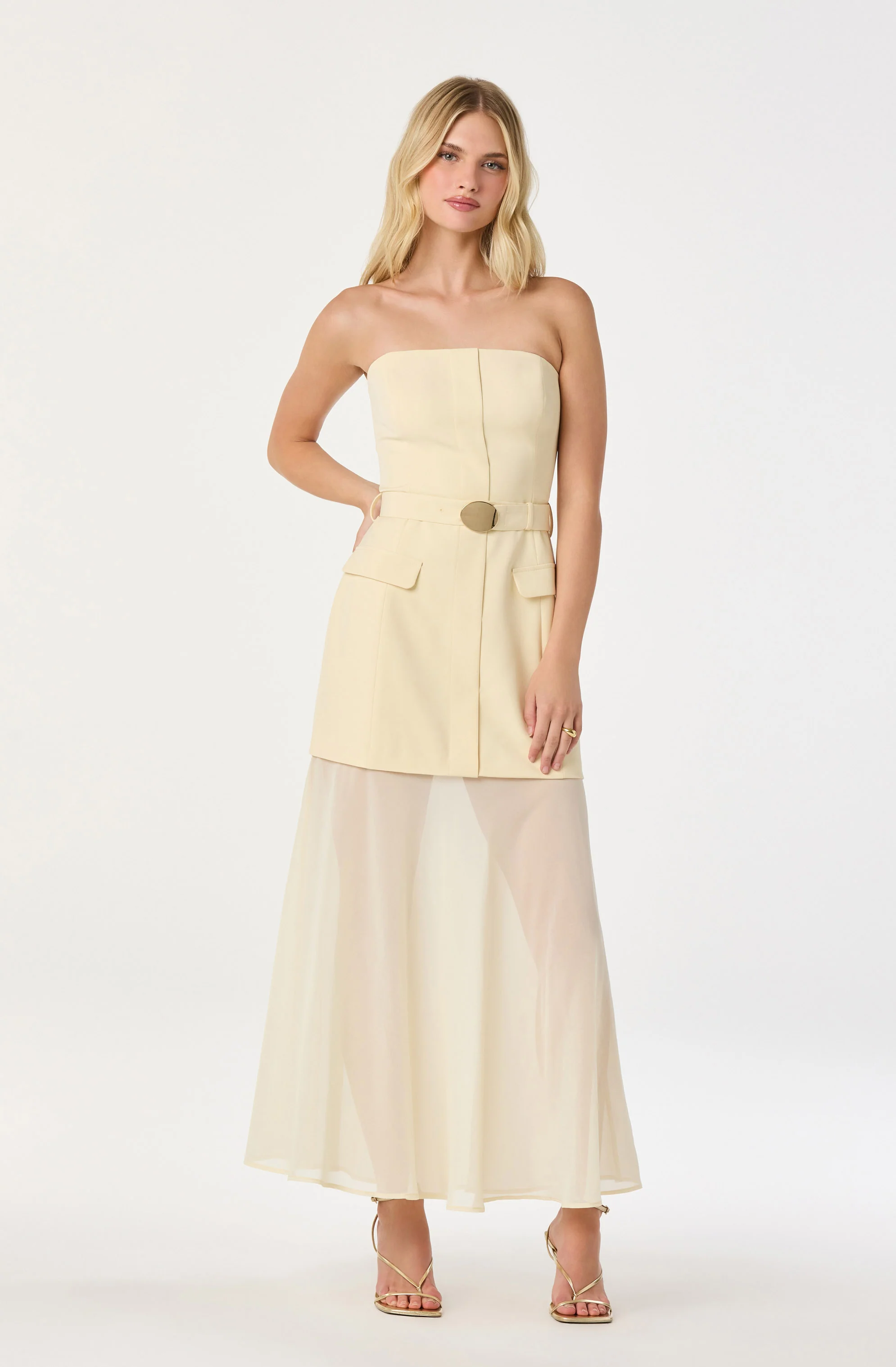 Strapless Contrast Belted Dress - Image 5