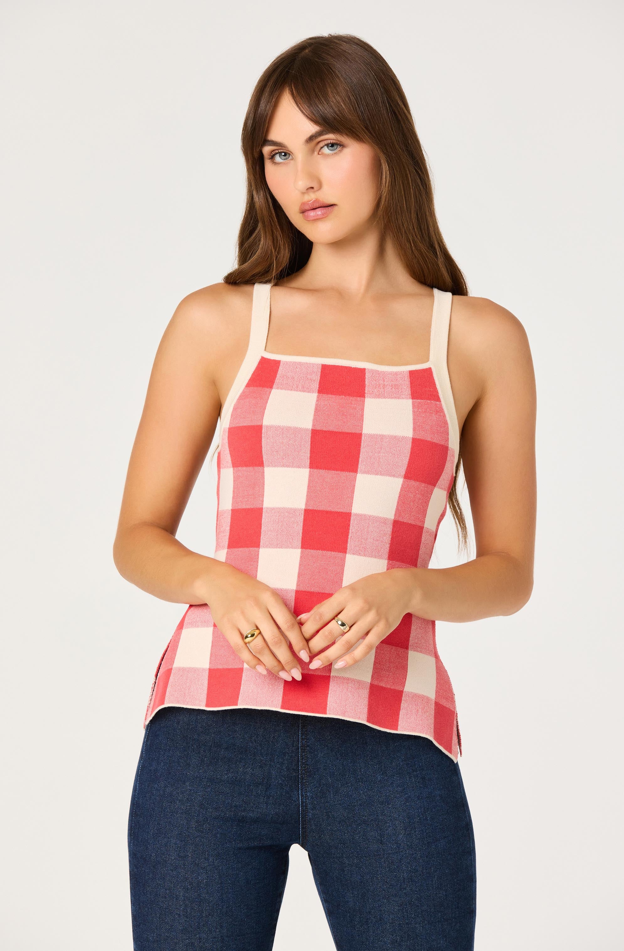 Sue Check Square-Neck Top