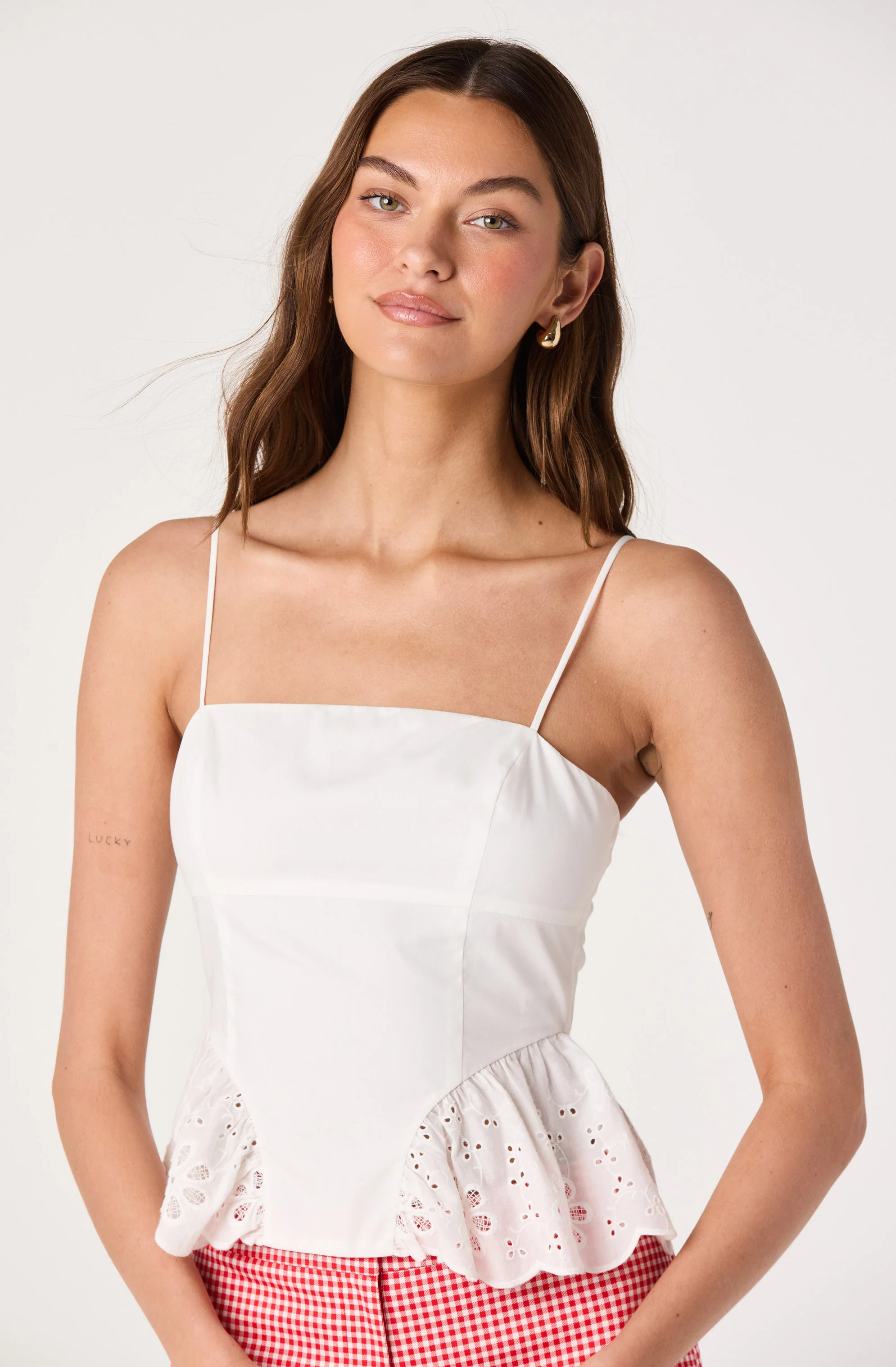Teale Eyelet Scalloped Peplum Cropped Top