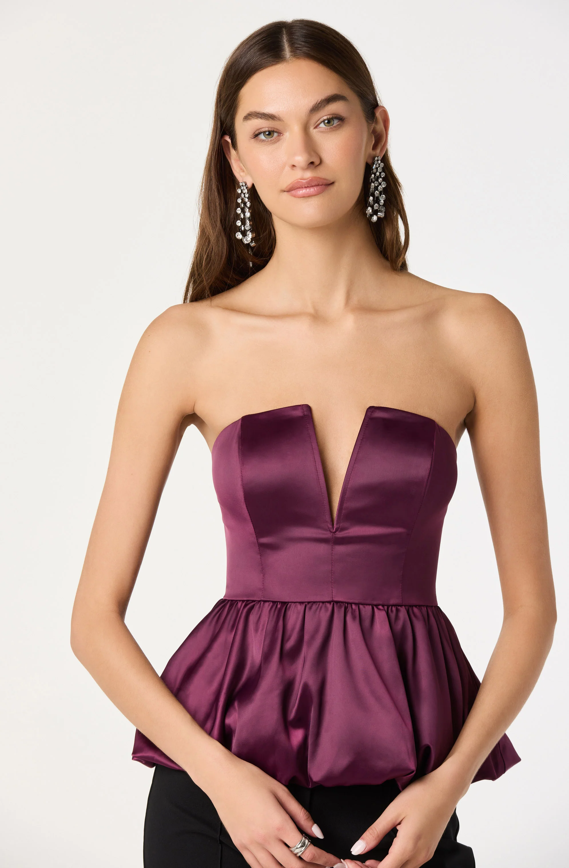 Satin Strapless Plunge Peplum Top - Image 2
