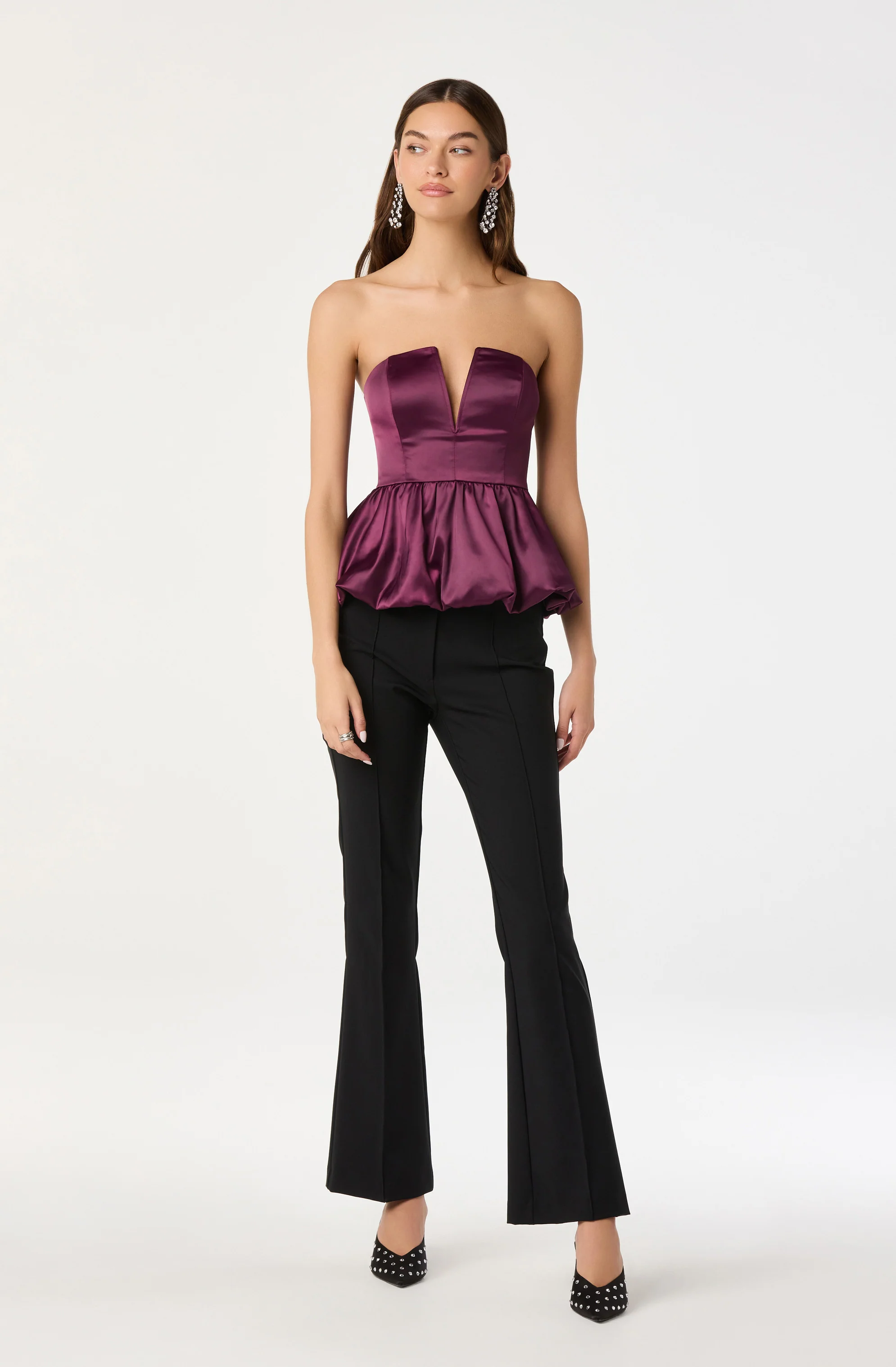 Satin Strapless Plunge Peplum Top - Image 5