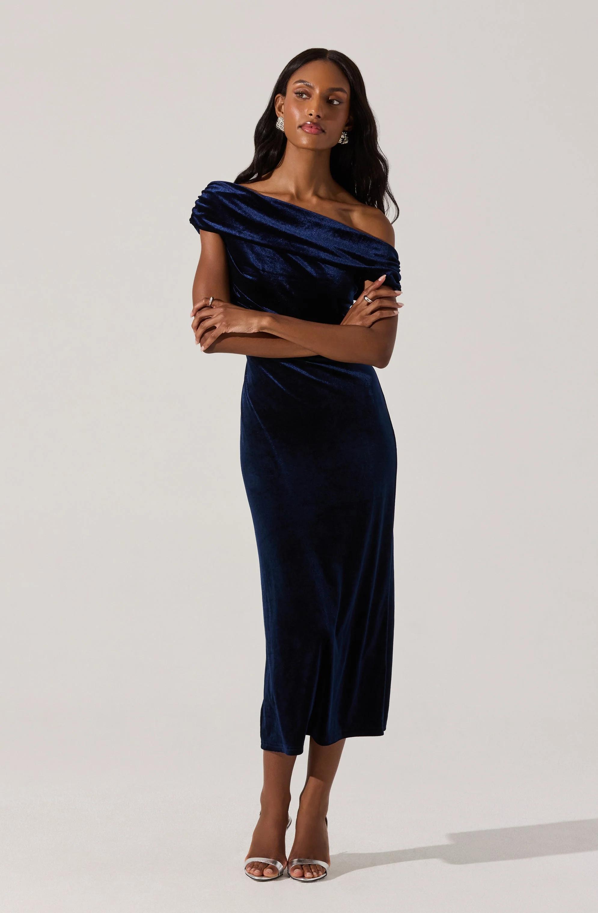 Velvet Off Shoulder Midi Dress - Image 15
