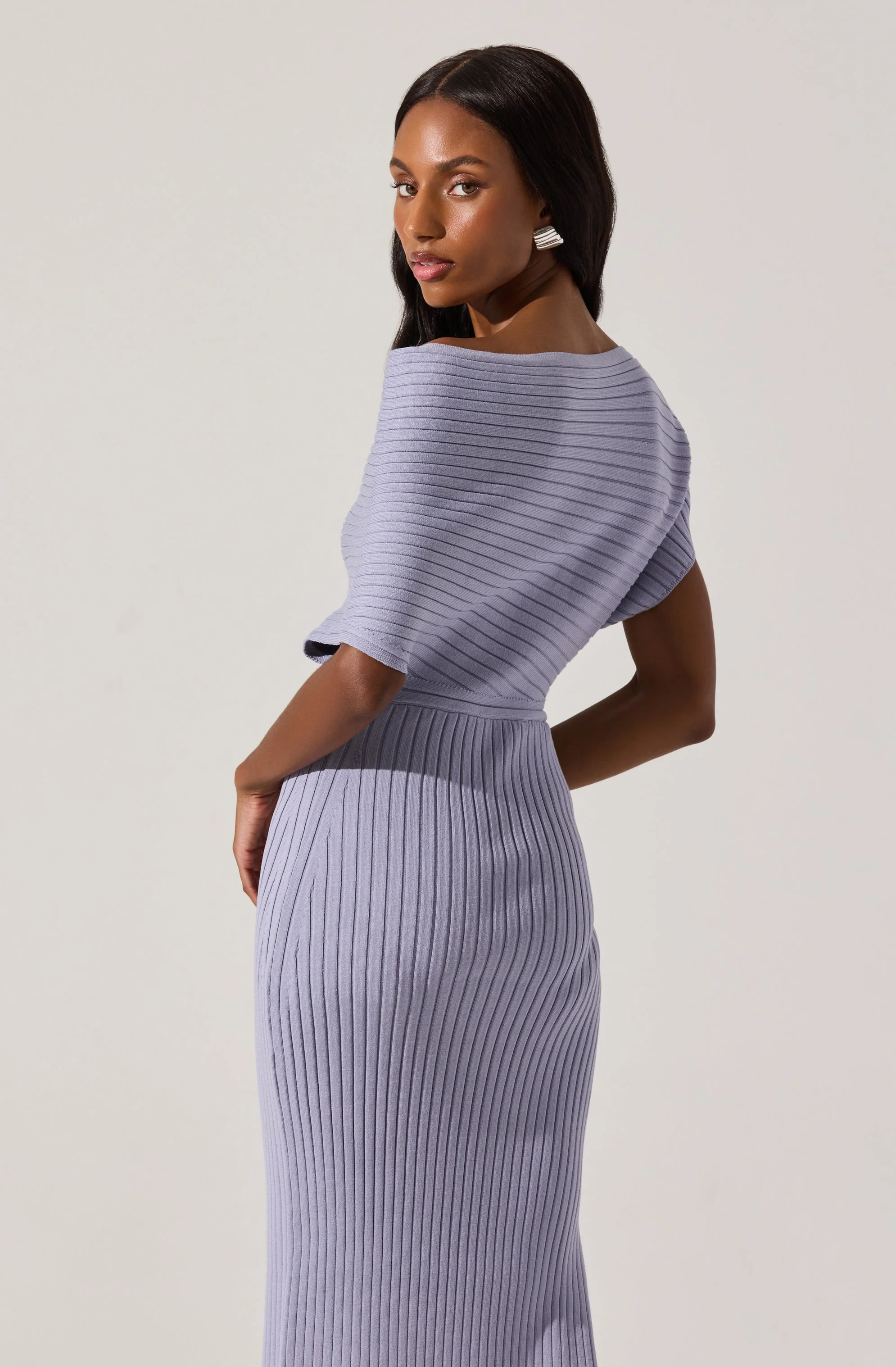 Off Shoulder Ribbed Midi Sweater Dress - Image 11