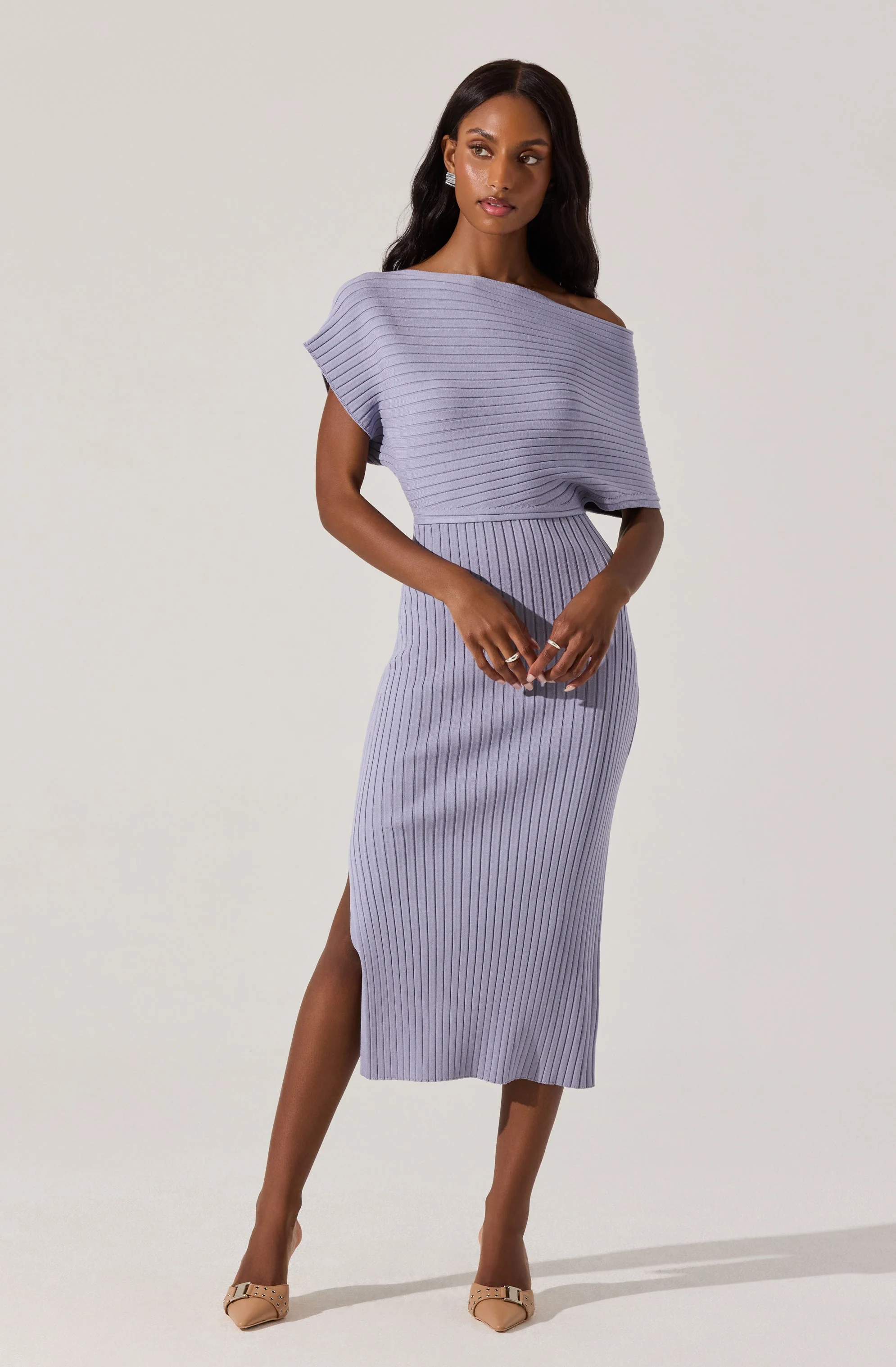Off Shoulder Ribbed Midi Sweater Dress - Image 7