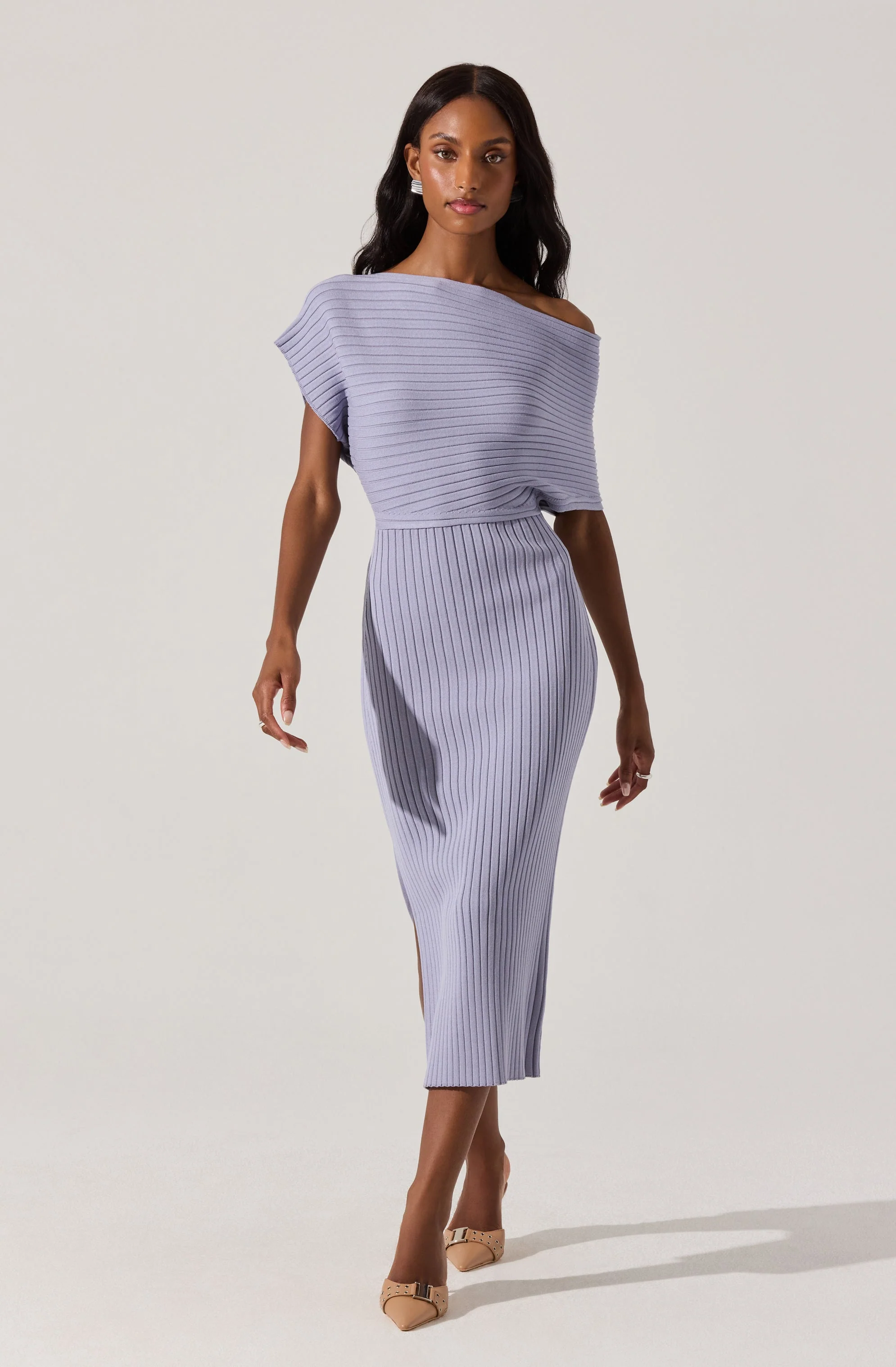 Off Shoulder Ribbed Midi Sweater Dress - Image 8