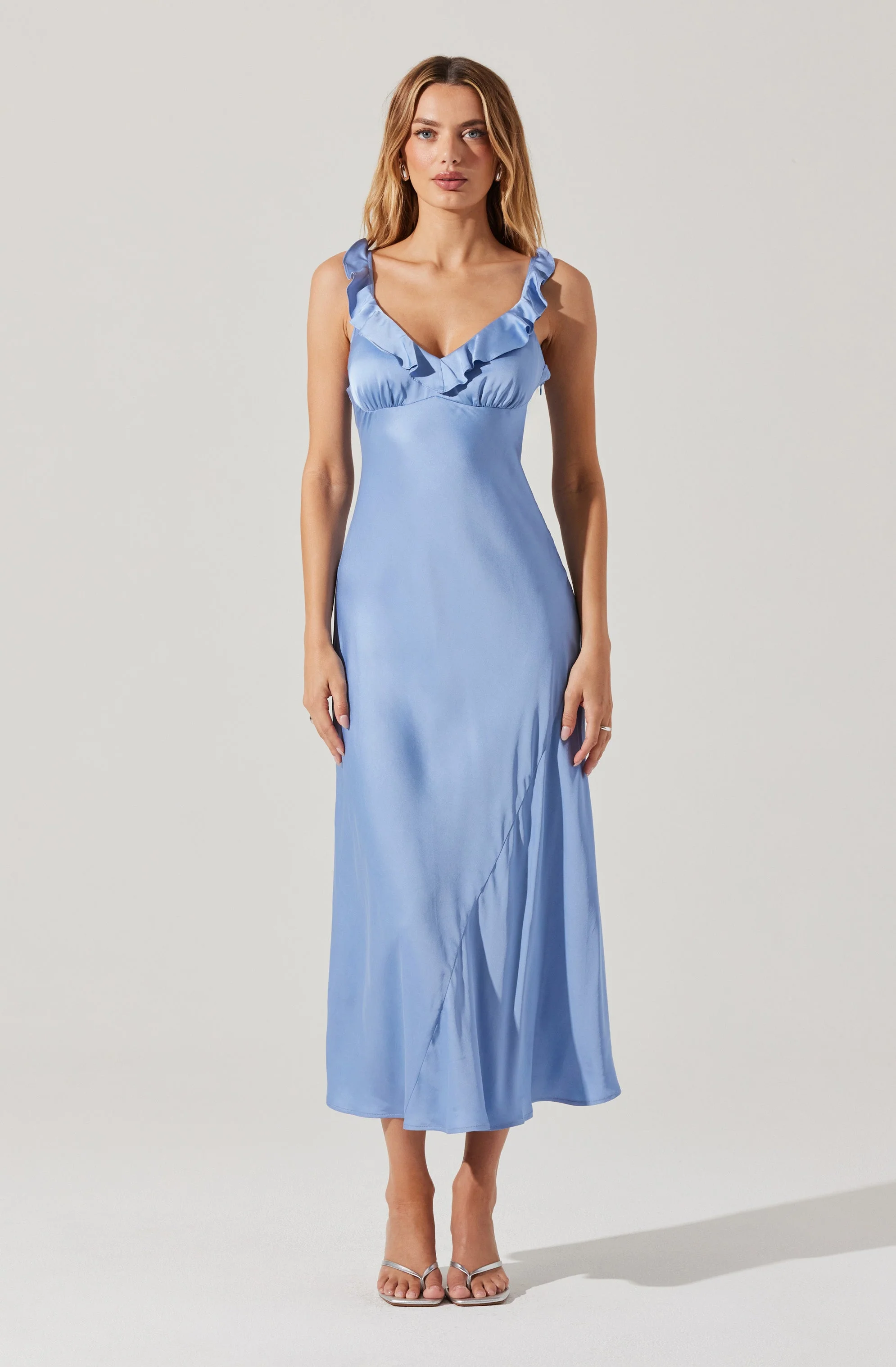 Zoie Satin Ruffle Midi Dress - Image 12